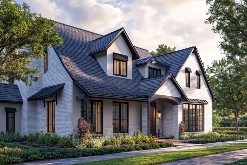 Modern white brick house with dark gray shingle roof and large black-framed windows.