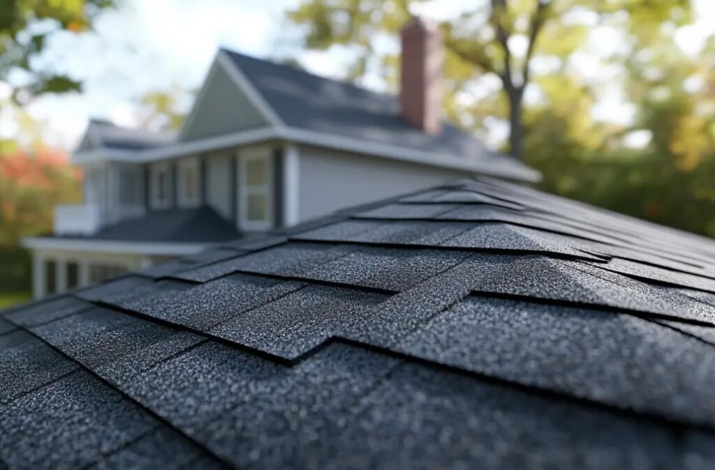 Close-up of black asphalt shingles on a house roof.