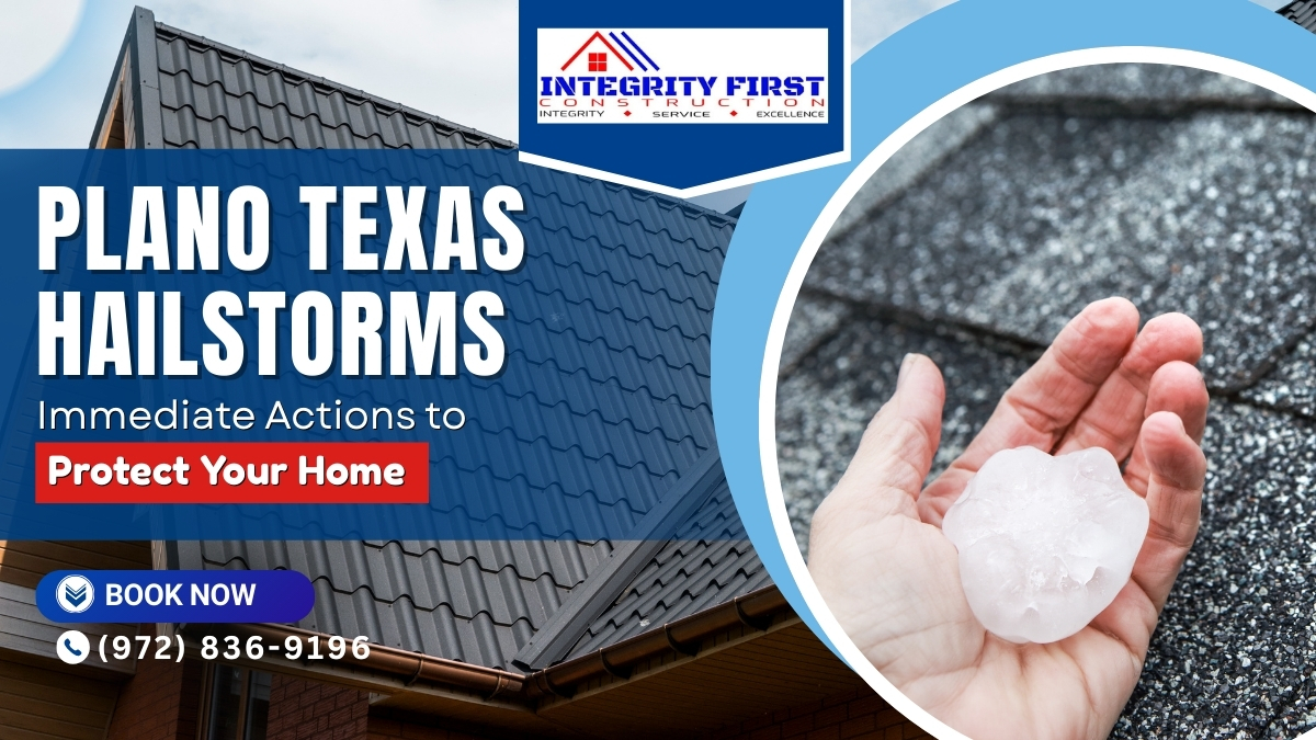 Hand holding large hailstone with text about Plano Texas hailstorms and home protection.