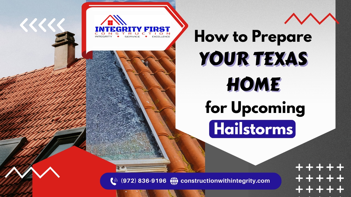 Damaged roof with cracked skylight and text promoting tips to prepare Texas homes for hailstorms, by Integrity First Construction.